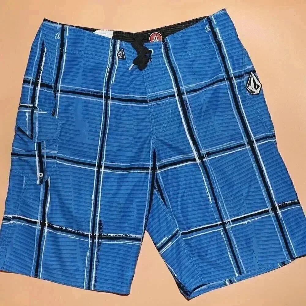 Volcom Wide Plaid Blue Swim Trunks Size 36 Summer Beach Board Shorts